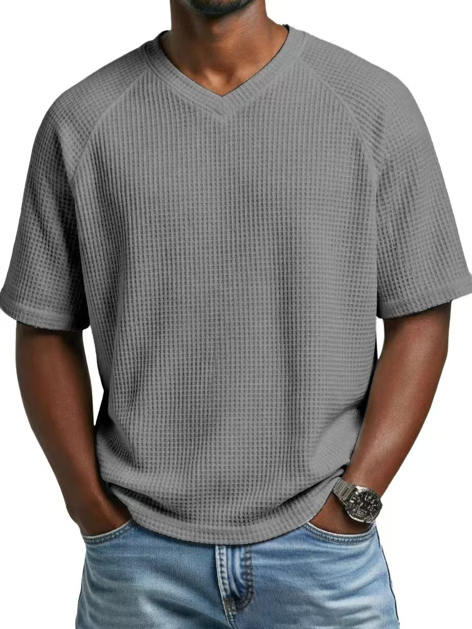 Custom Men’s Waffle Knit V-Neck T-Shirt – Private Label Textured Casualwear OEM