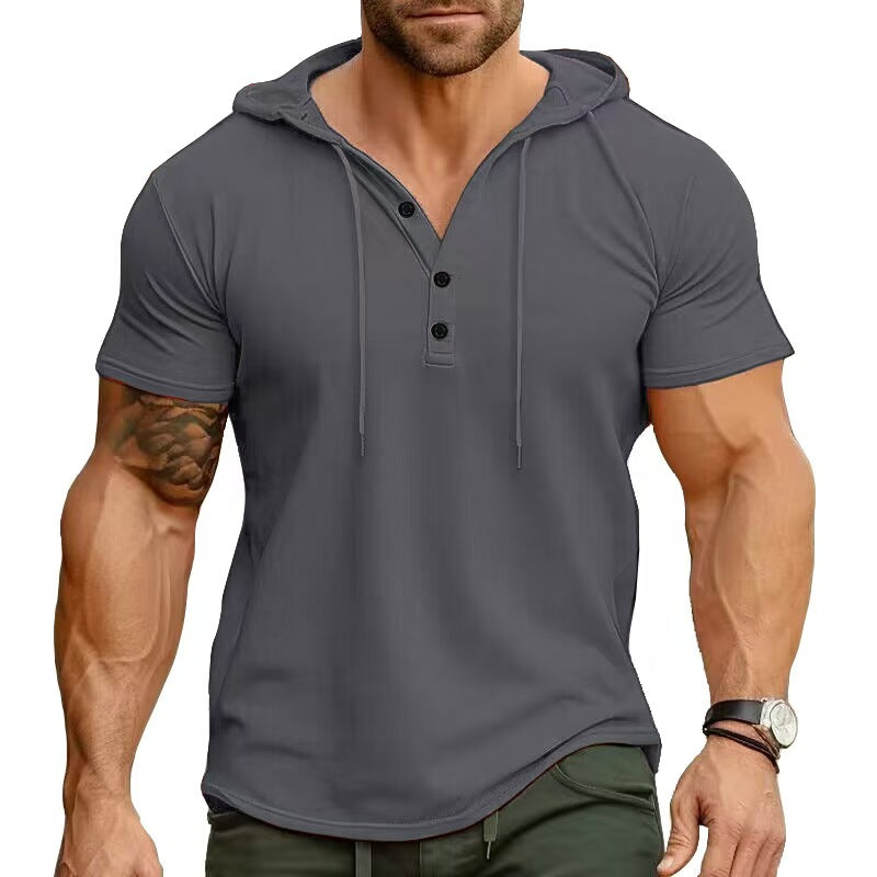 Custom Men’s Short-Sleeve Hooded Henley T-Shirt – Private Label Casualwear OEM