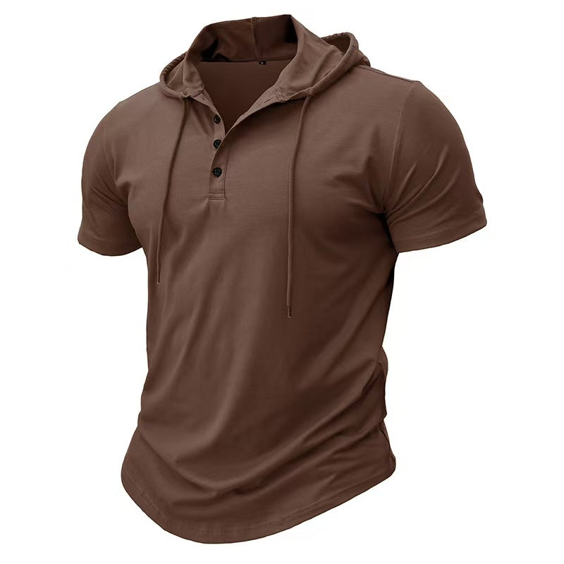 Custom Men’s Short-Sleeve Hooded Henley T-Shirt – Private Label Casualwear OEM