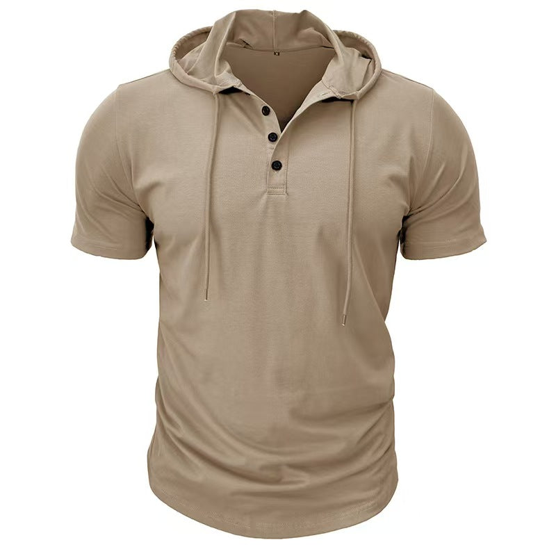 Custom Men’s Short-Sleeve Hooded Henley T-Shirt – Private Label Casualwear OEM