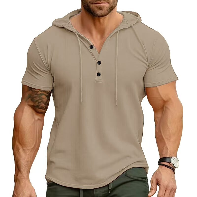 Custom Men’s Short-Sleeve Hooded Henley T-Shirt – Private Label Casualwear OEM