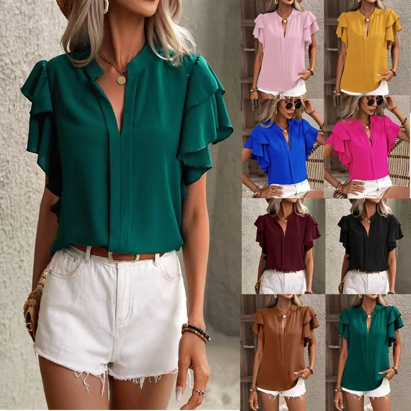 Custom Women’s Layered Ruffle Sleeve V-Neck Blouse – Private Label Fashion OEM