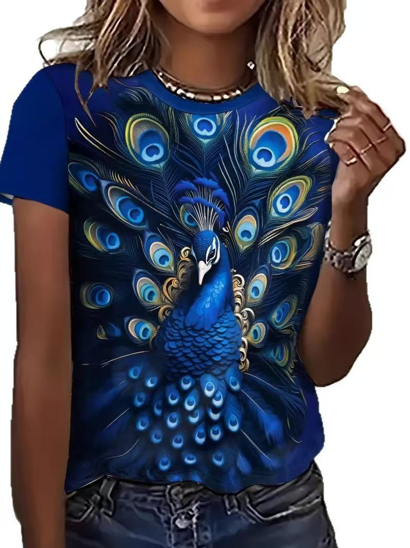 Custom Women’s Blue Peacock Graphic Print T-Shirt – Private Label Fashion Apparel OEM