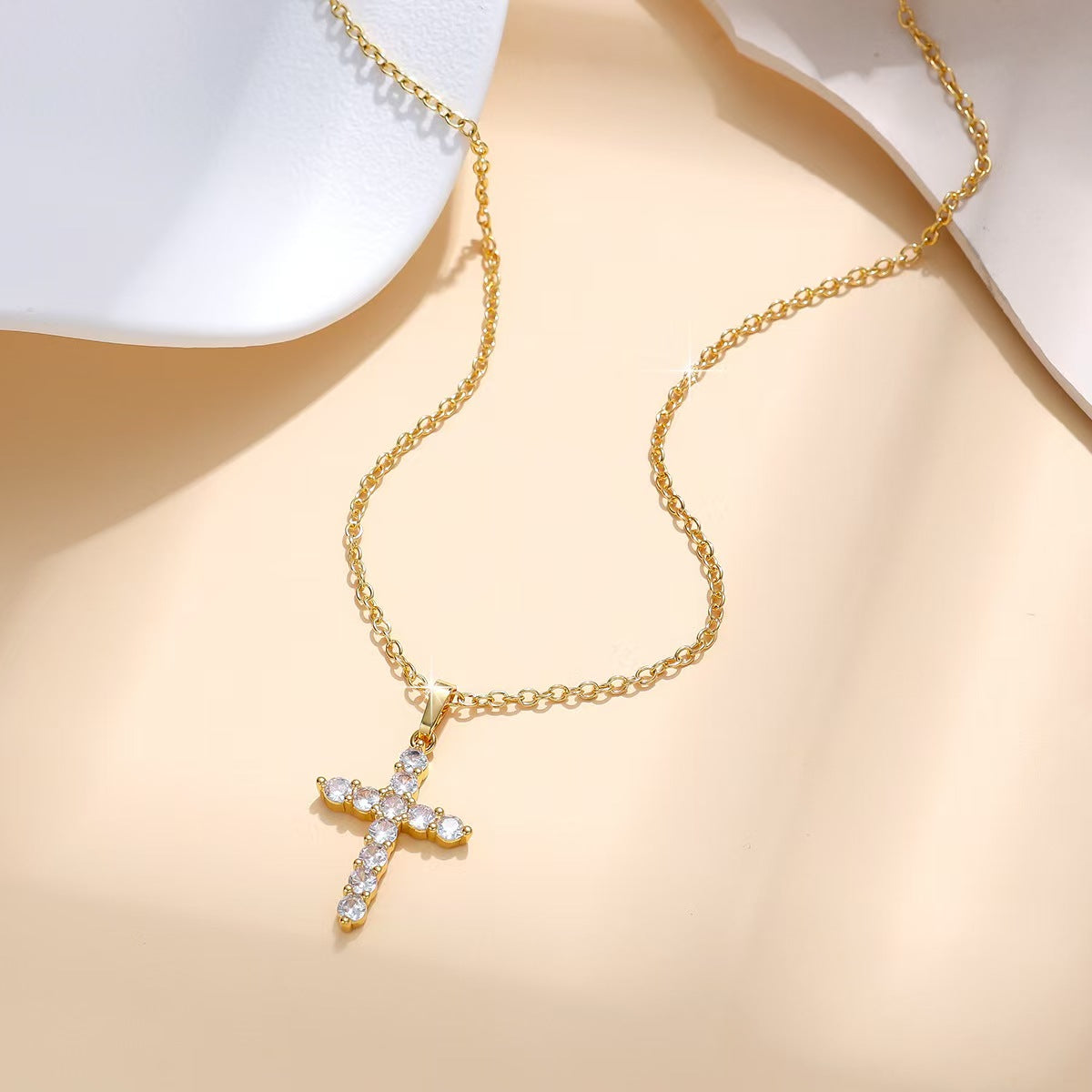 Custom Gold-Plated Cubic Zirconia Cross Pendant Necklace – Private Label Jewelry OEM