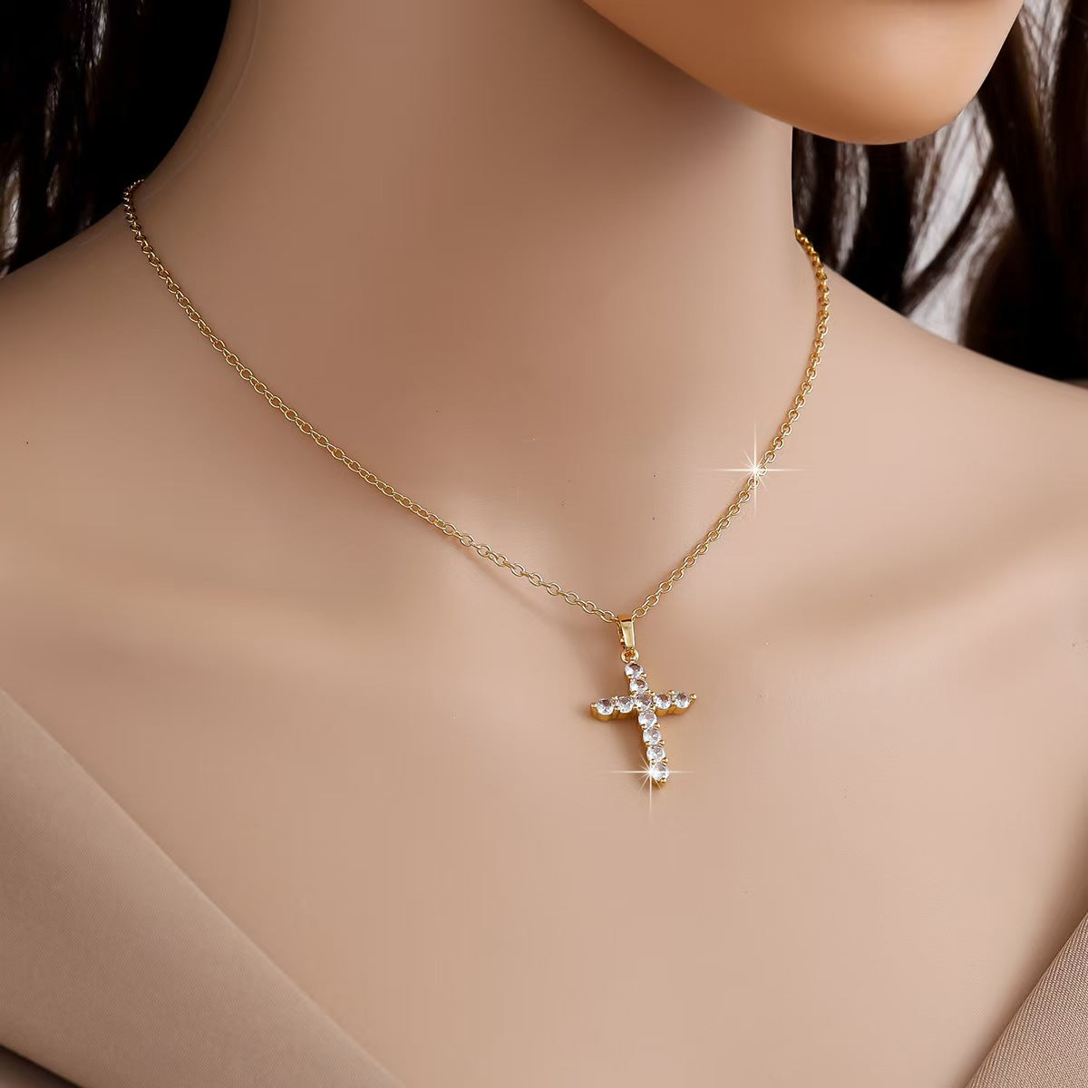Custom Gold-Plated Cubic Zirconia Cross Pendant Necklace – Private Label Jewelry OEM