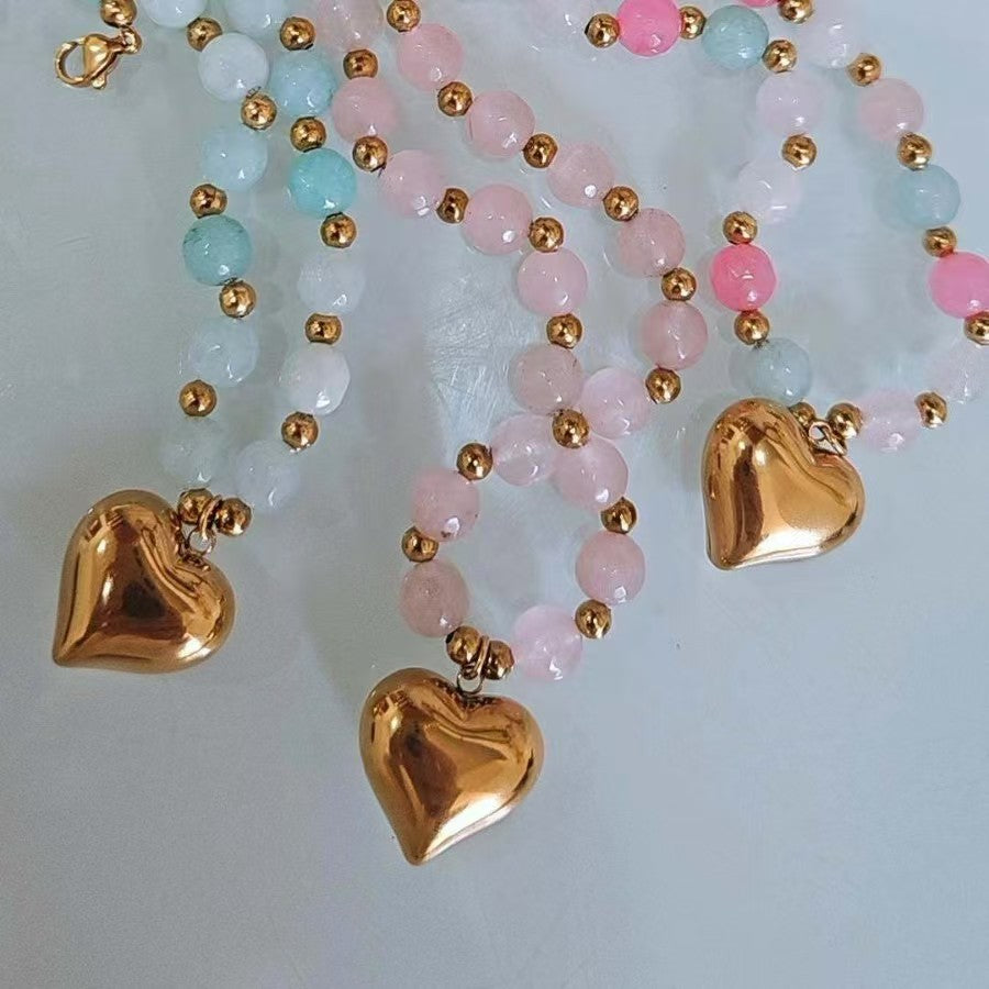 Custom Pastel Gemstone Beaded Puffy Heart Pendant Necklace – Private Label Jewelry OEM