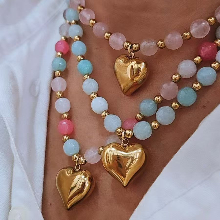 Custom Pastel Gemstone Beaded Puffy Heart Pendant Necklace – Private Label Jewelry OEM