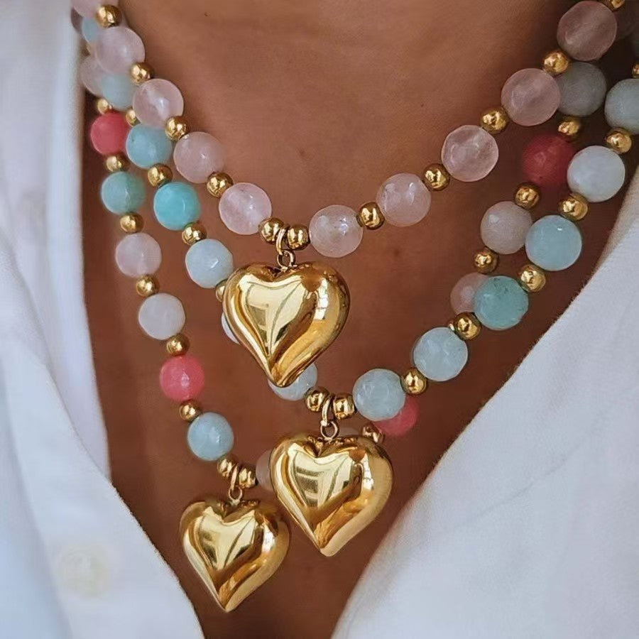 Custom Pastel Gemstone Beaded Puffy Heart Pendant Necklace – Private Label Jewelry OEM
