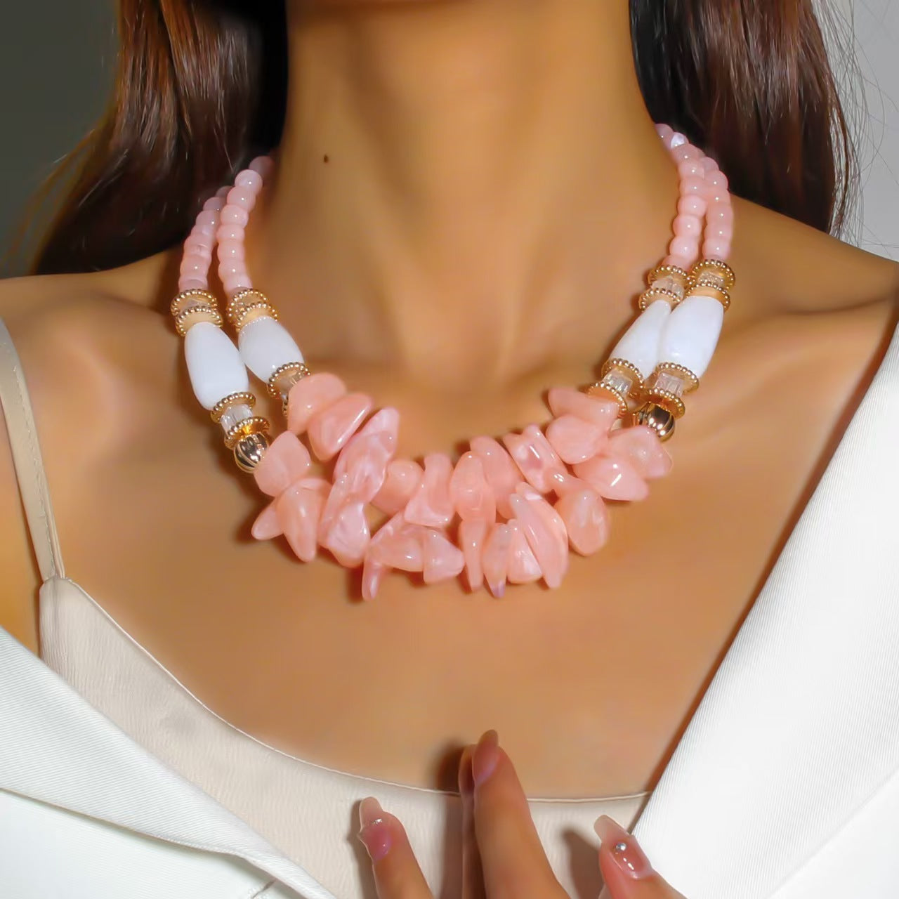Custom Pink Gemstone Chip Cluster Statement Necklace – Handcrafted Private Label Jewelry OEM