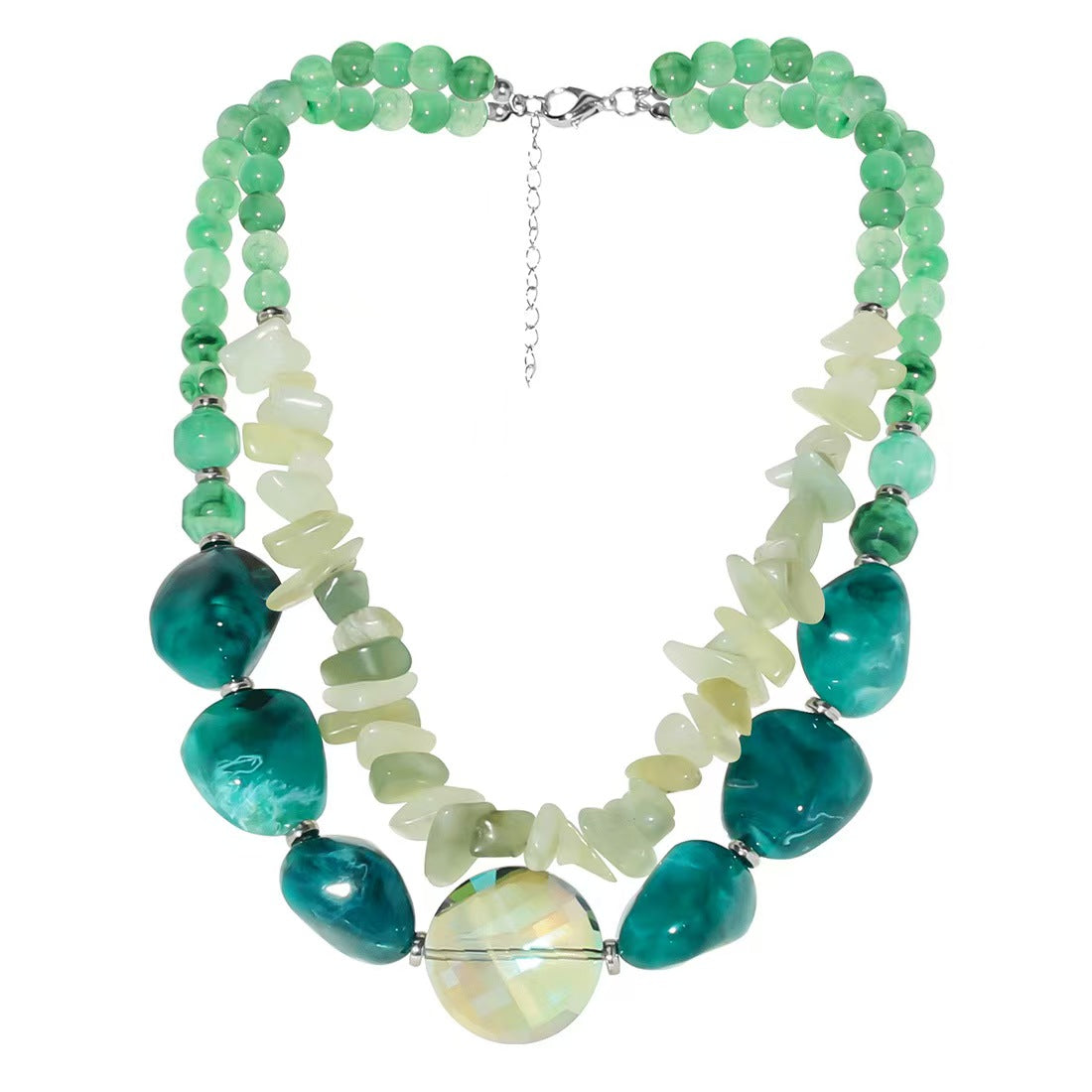 Custom Green Multi-Strand Gemstone Statement Necklace with Iridescent Pendant – Handcrafted Jewelry OEM