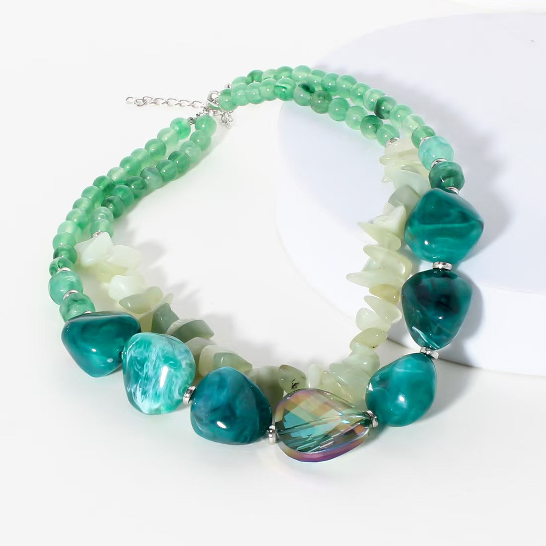 Custom Green Multi-Strand Gemstone Statement Necklace with Iridescent Pendant – Handcrafted Jewelry OEM