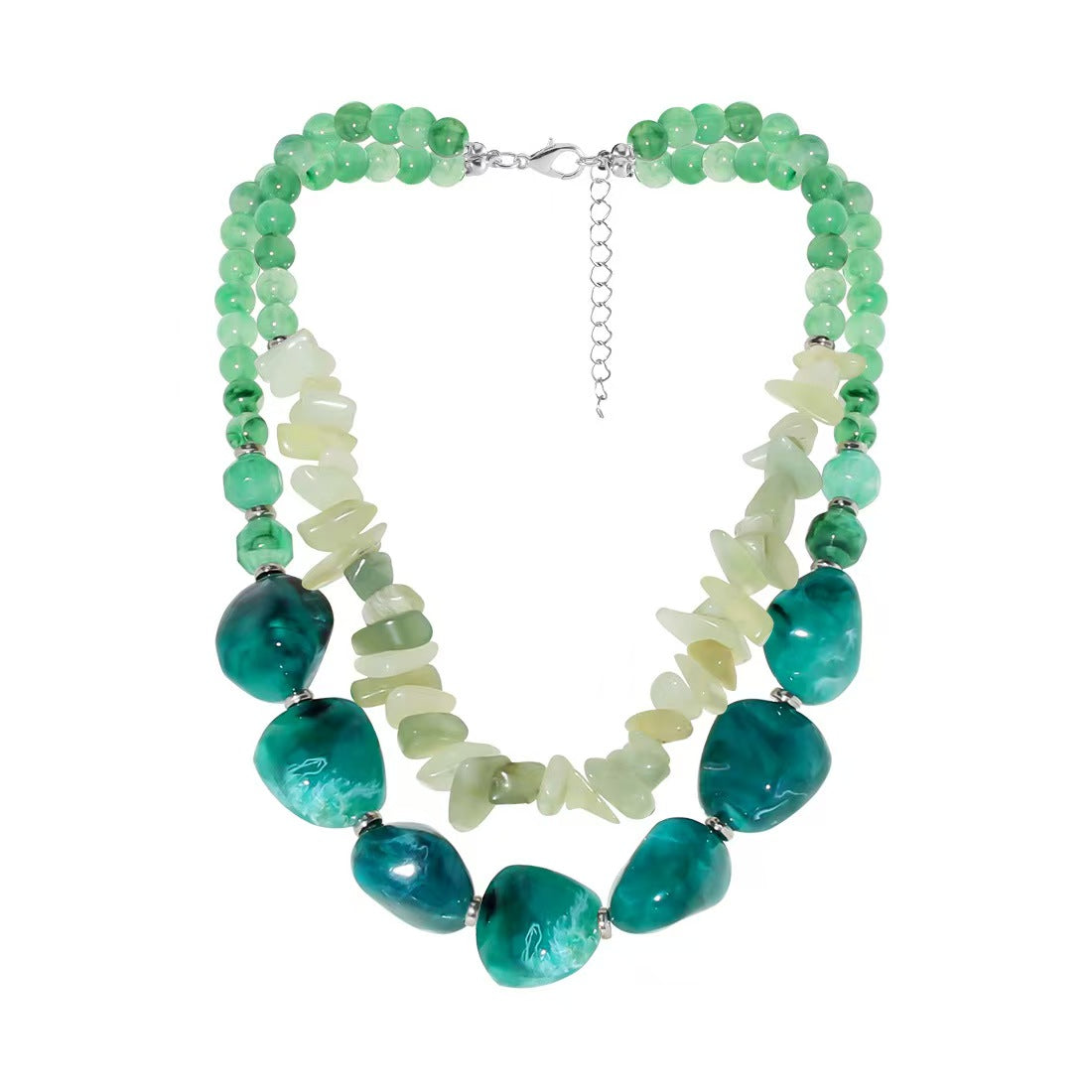 Custom Green Multi-Strand Gemstone Statement Necklace with Iridescent Pendant – Handcrafted Jewelry OEM