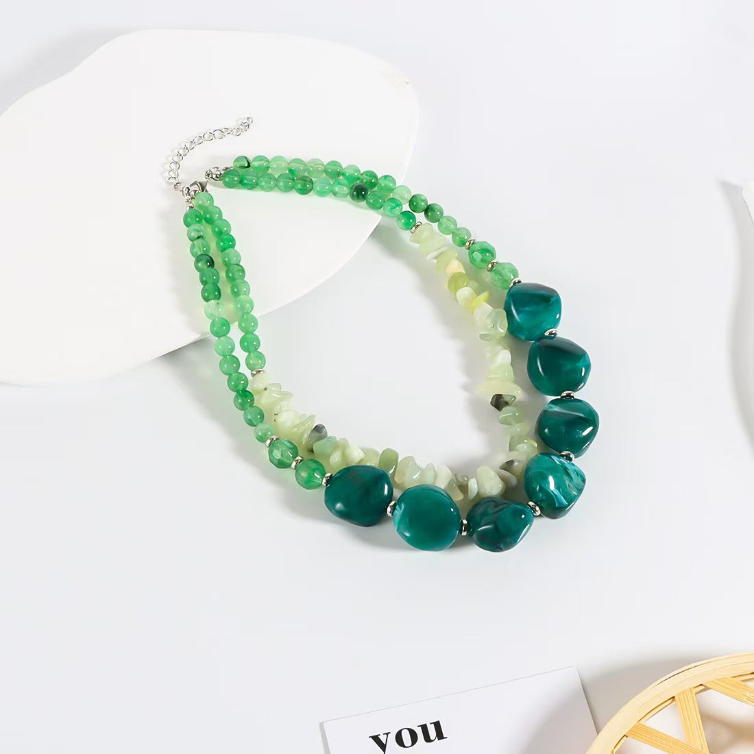 Custom Green Multi-Strand Gemstone Statement Necklace with Iridescent Pendant – Handcrafted Jewelry OEM