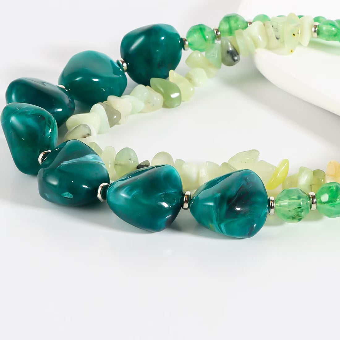 Custom Green Multi-Strand Gemstone Statement Necklace with Iridescent Pendant – Handcrafted Jewelry OEM