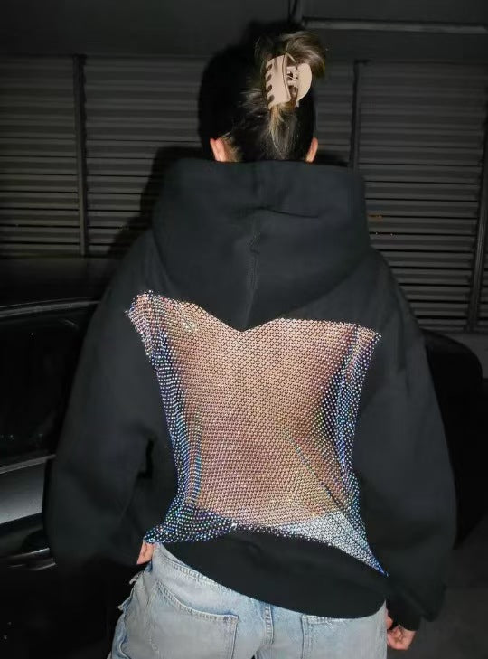 Custom Women’s Rhinestone Mesh Back Oversized Hoodie – Private Label Luxury Streetwear OEM