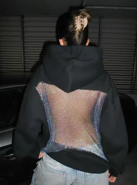 Custom Women’s Rhinestone Mesh Back Oversized Hoodie – Private Label Luxury Streetwear OEM
