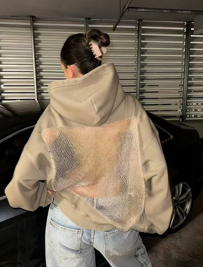 Custom Women’s Rhinestone Mesh Back Oversized Hoodie – Private Label Luxury Streetwear OEM