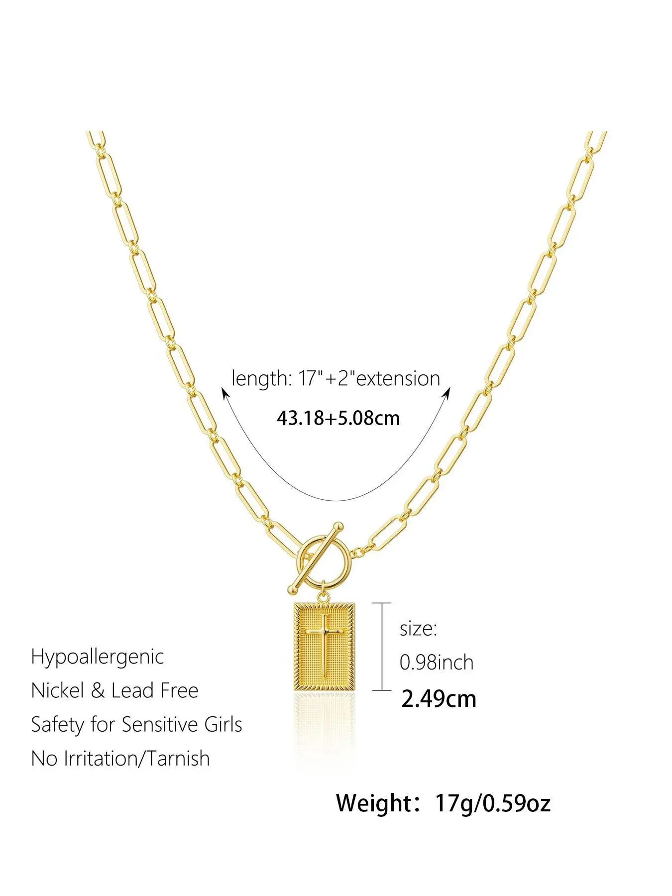 Retro gold cross-shaped pendant necklace with personalized OT clasp, ring-shaped chain