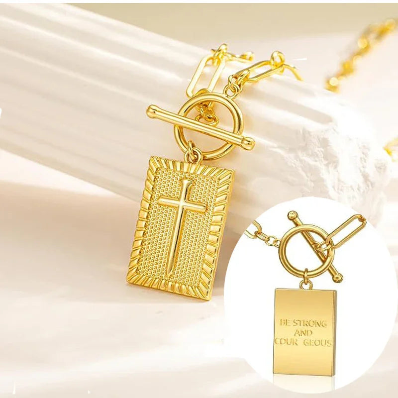 Retro gold cross-shaped pendant necklace with personalized OT clasp, ring-shaped chain