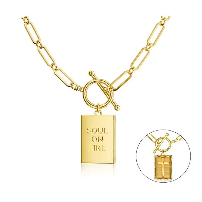 Retro gold cross-shaped pendant necklace with personalized OT clasp, ring-shaped chain
