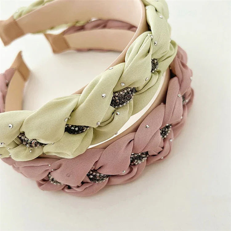 French Elegance Fashion Headband: Women’s Retro, Solid Color, Chain-Woven Headband with Crystal Beads, Hair Accessory