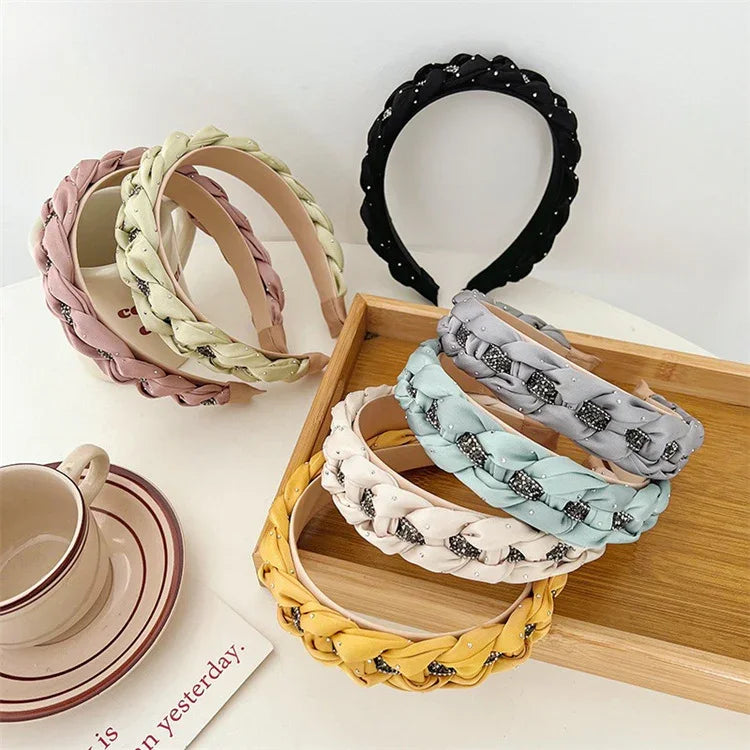 French Elegance Fashion Headband: Women’s Retro, Solid Color, Chain-Woven Headband with Crystal Beads, Hair Accessory