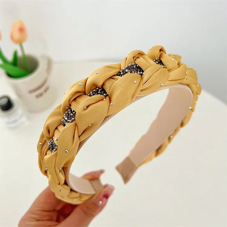French Elegance Fashion Headband: Women’s Retro, Solid Color, Chain-Woven Headband with Crystal Beads, Hair Accessory
