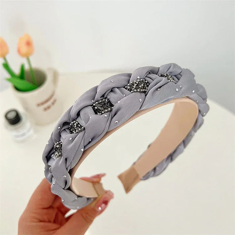 French Elegance Fashion Headband: Women’s Retro, Solid Color, Chain-Woven Headband with Crystal Beads, Hair Accessory