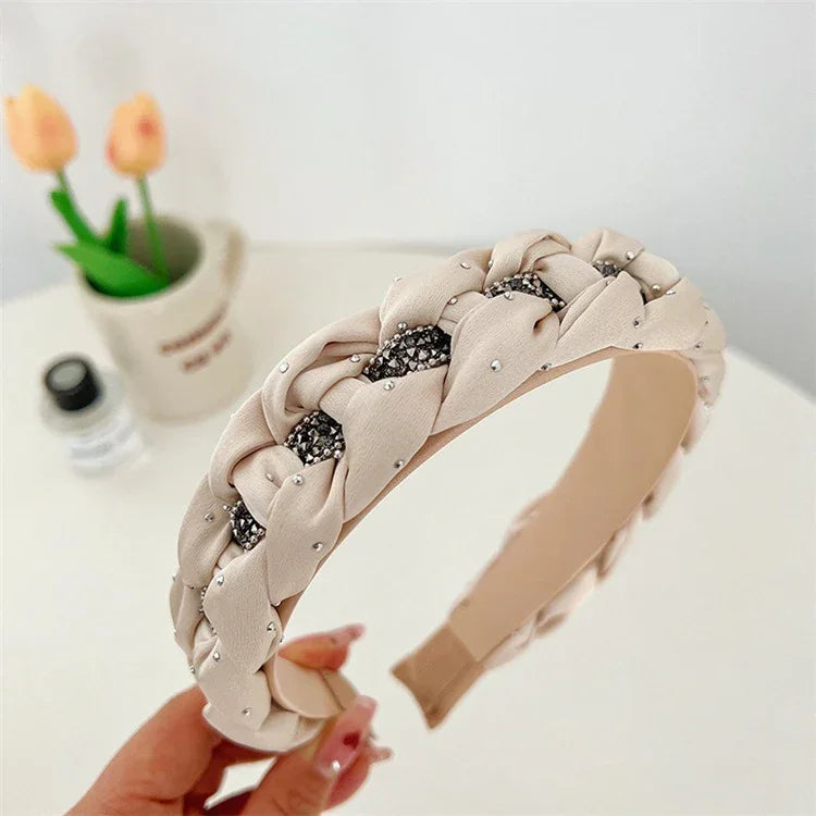 French Elegance Fashion Headband: Women’s Retro, Solid Color, Chain-Woven Headband with Crystal Beads, Hair Accessory