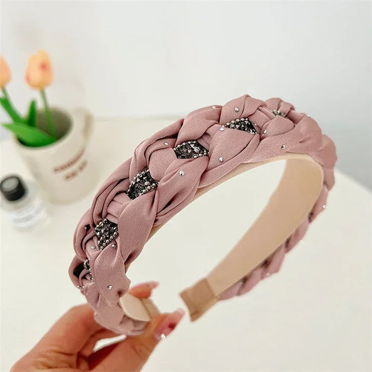 French Elegance Fashion Headband: Women’s Retro, Solid Color, Chain-Woven Headband with Crystal Beads, Hair Accessory