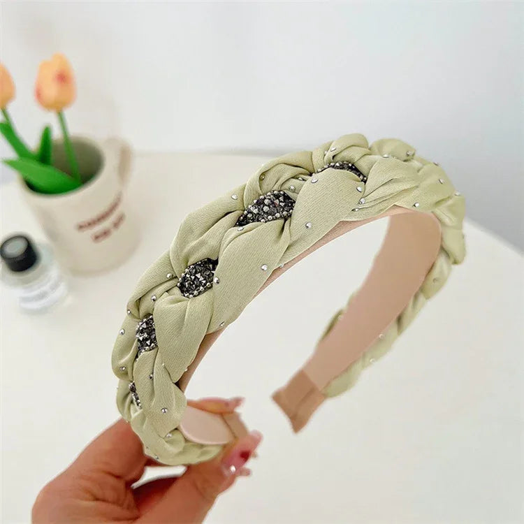 French Elegance Fashion Headband: Women’s Retro, Solid Color, Chain-Woven Headband with Crystal Beads, Hair Accessory