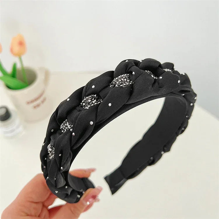 French Elegance Fashion Headband: Women’s Retro, Solid Color, Chain-Woven Headband with Crystal Beads, Hair Accessory