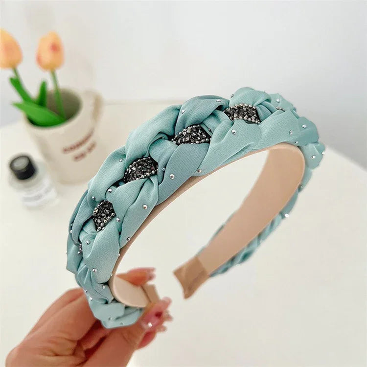 French Elegance Fashion Headband: Women’s Retro, Solid Color, Chain-Woven Headband with Crystal Beads, Hair Accessory