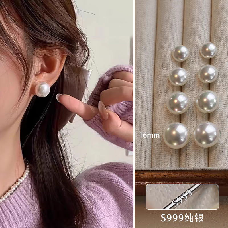 Silver Strong Light Shi Jia Steamed Bun Pearl Earrings for Women, Retro Luxury Earrings, Stylish for Work or Casual Wear