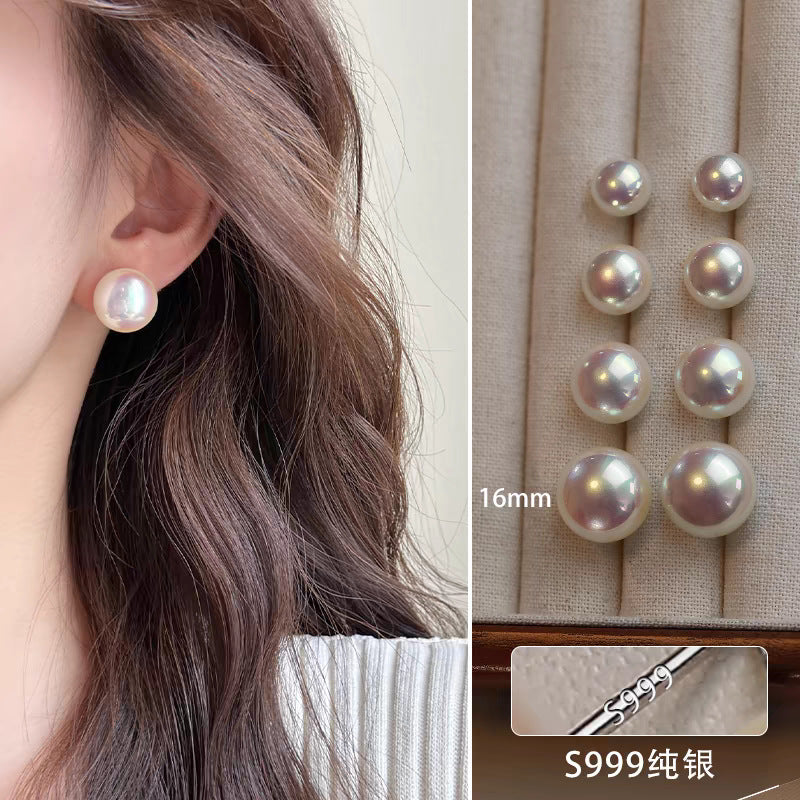 Silver Strong Light Shi Jia Steamed Bun Pearl Earrings for Women, Retro Luxury Earrings, Stylish for Work or Casual Wear