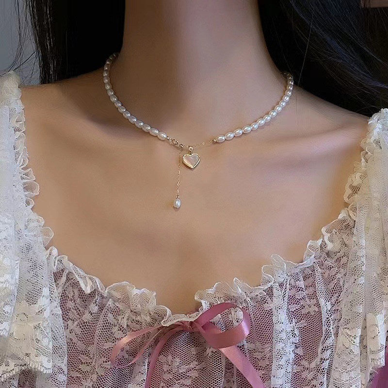 Natural freshwater pearl necklace for women, lightweight luxury Baroque heart-shaped mother-of-pearl collar chain, popular neckpiece, high-end accessory