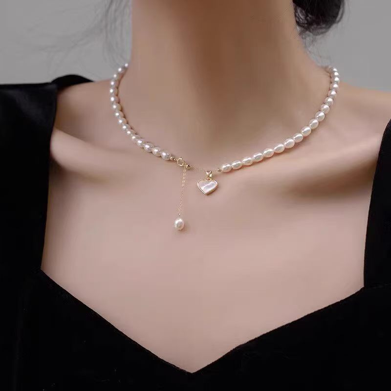 Natural freshwater pearl necklace for women, lightweight luxury Baroque heart-shaped mother-of-pearl collar chain, popular neckpiece, high-end accessory