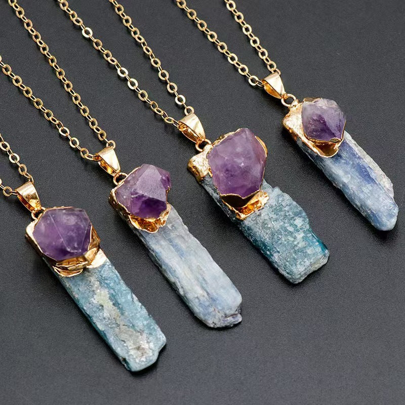 Custom Raw Amethyst & Blue Kyanite Crystal Pendant Necklace – Gold-Tone Double Stone Jewelry | Private Label OEM