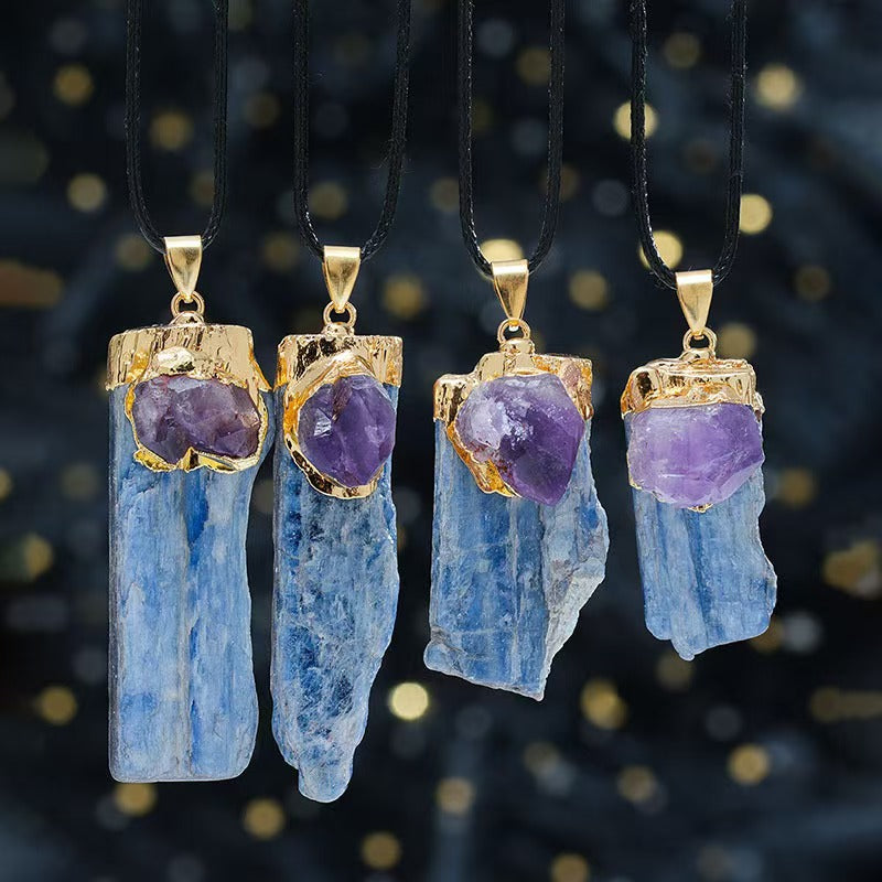 Custom Raw Amethyst & Blue Kyanite Crystal Pendant Necklace – Gold-Tone Double Stone Jewelry | Private Label OEM