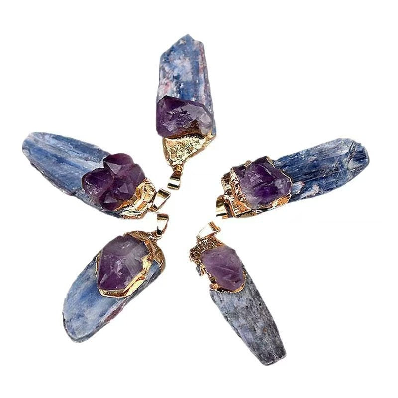 Custom Raw Amethyst & Blue Kyanite Crystal Pendant Necklace – Gold-Tone Double Stone Jewelry | Private Label OEM