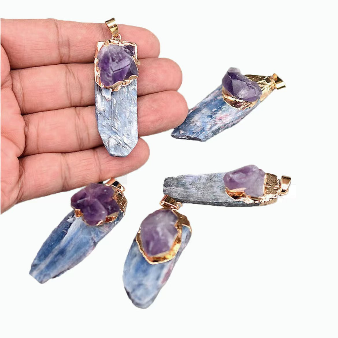 Custom Raw Amethyst & Blue Kyanite Crystal Pendant Necklace – Gold-Tone Double Stone Jewelry | Private Label OEM