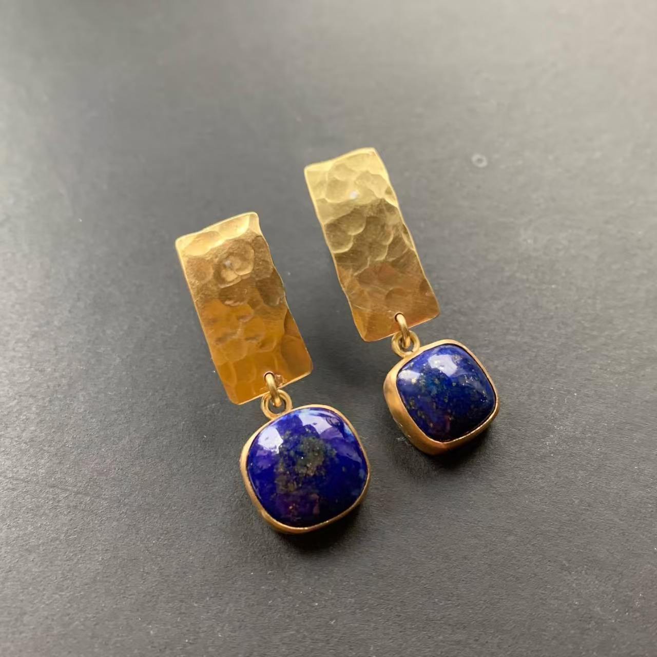 Custom Handcrafted Hammered Gold Lapis-Style Drop Earrings – Private Label Artisan Jewelry OEM