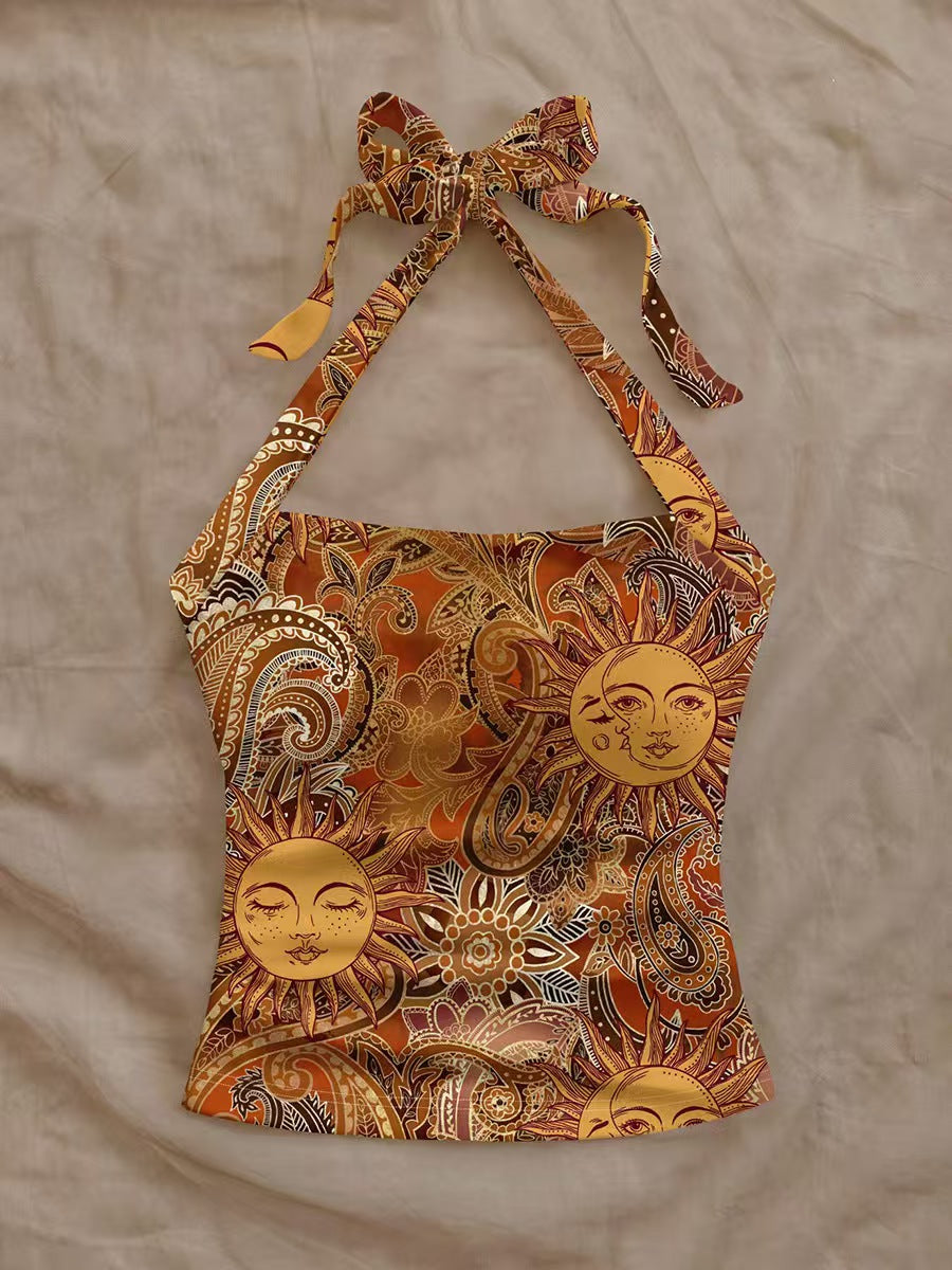 Custom Women’s Celestial Sun Print Halter Top – Tie-Neck Bohemian Camisole | Private Label Apparel OEM