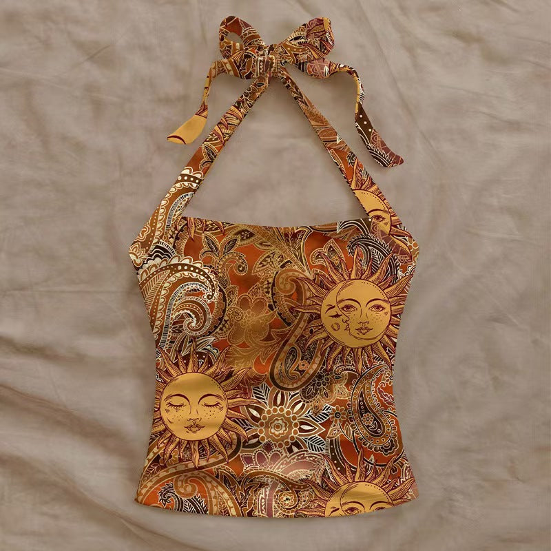 Custom Women’s Celestial Sun Print Halter Top – Tie-Neck Bohemian Camisole | Private Label Apparel OEM