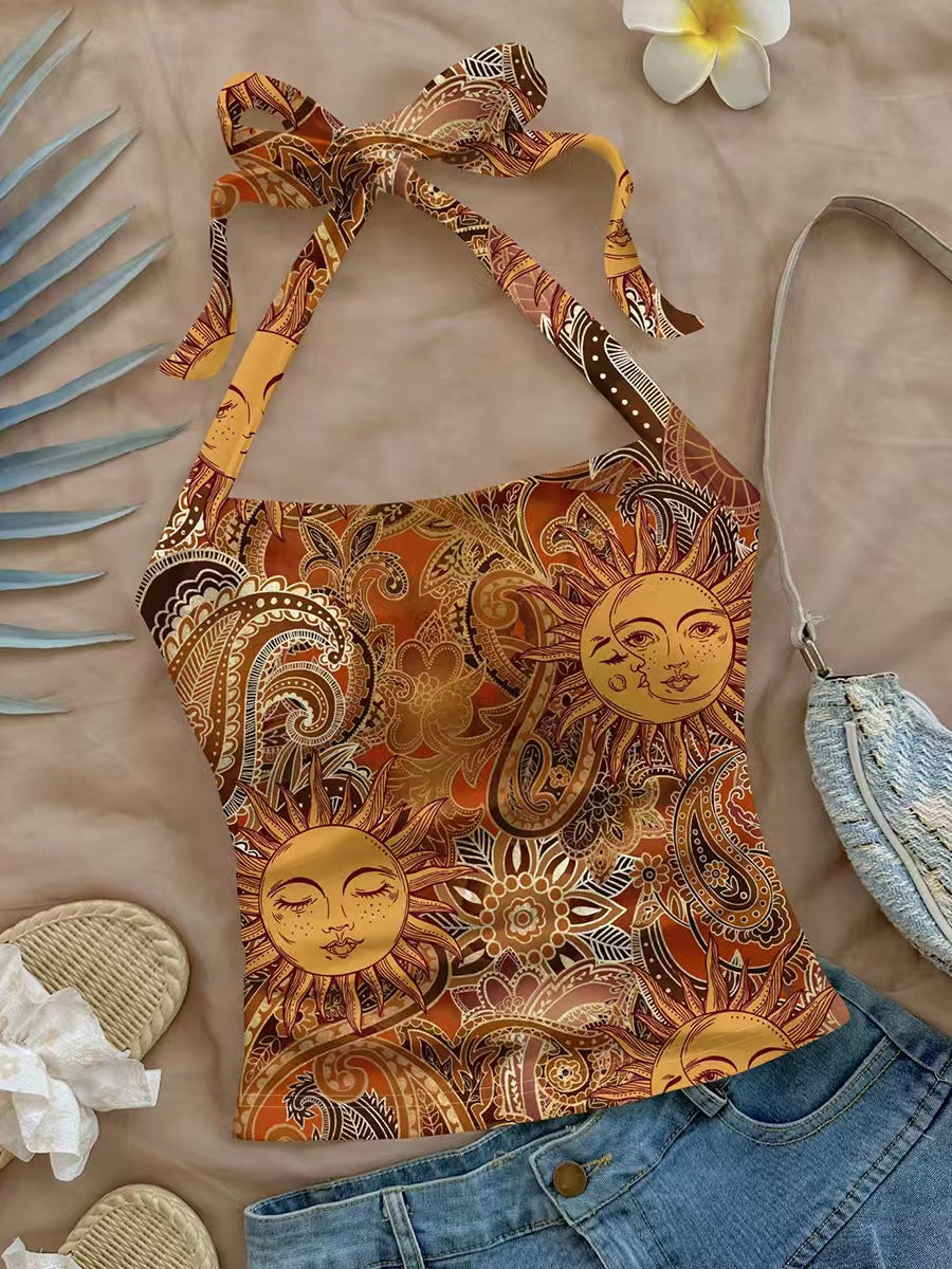 Custom Women’s Celestial Sun Print Halter Top – Tie-Neck Bohemian Camisole | Private Label Apparel OEM