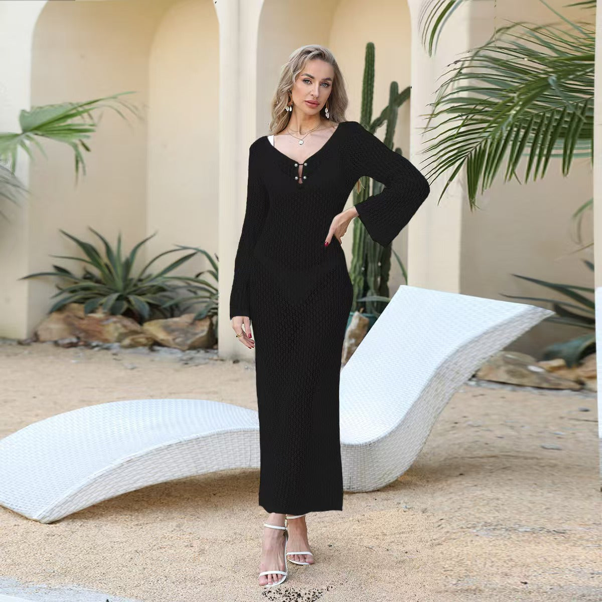 Custom Women’s Openwork Crochet Knit Maxi Dress – Long Bell-Sleeve Beach Cover-Up | Private Label OEM