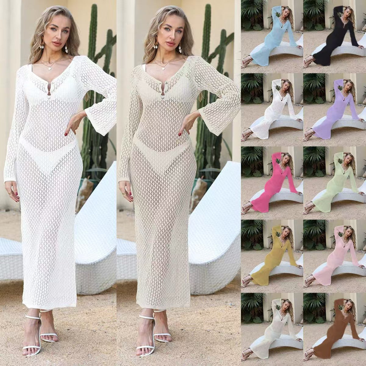 Custom Women’s Openwork Crochet Knit Maxi Dress – Long Bell-Sleeve Beach Cover-Up | Private Label OEM
