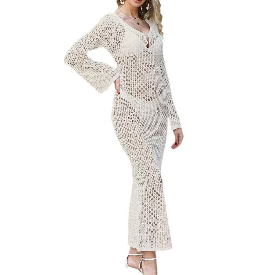 Custom Women’s Openwork Crochet Knit Maxi Dress – Long Bell-Sleeve Beach Cover-Up | Private Label OEM