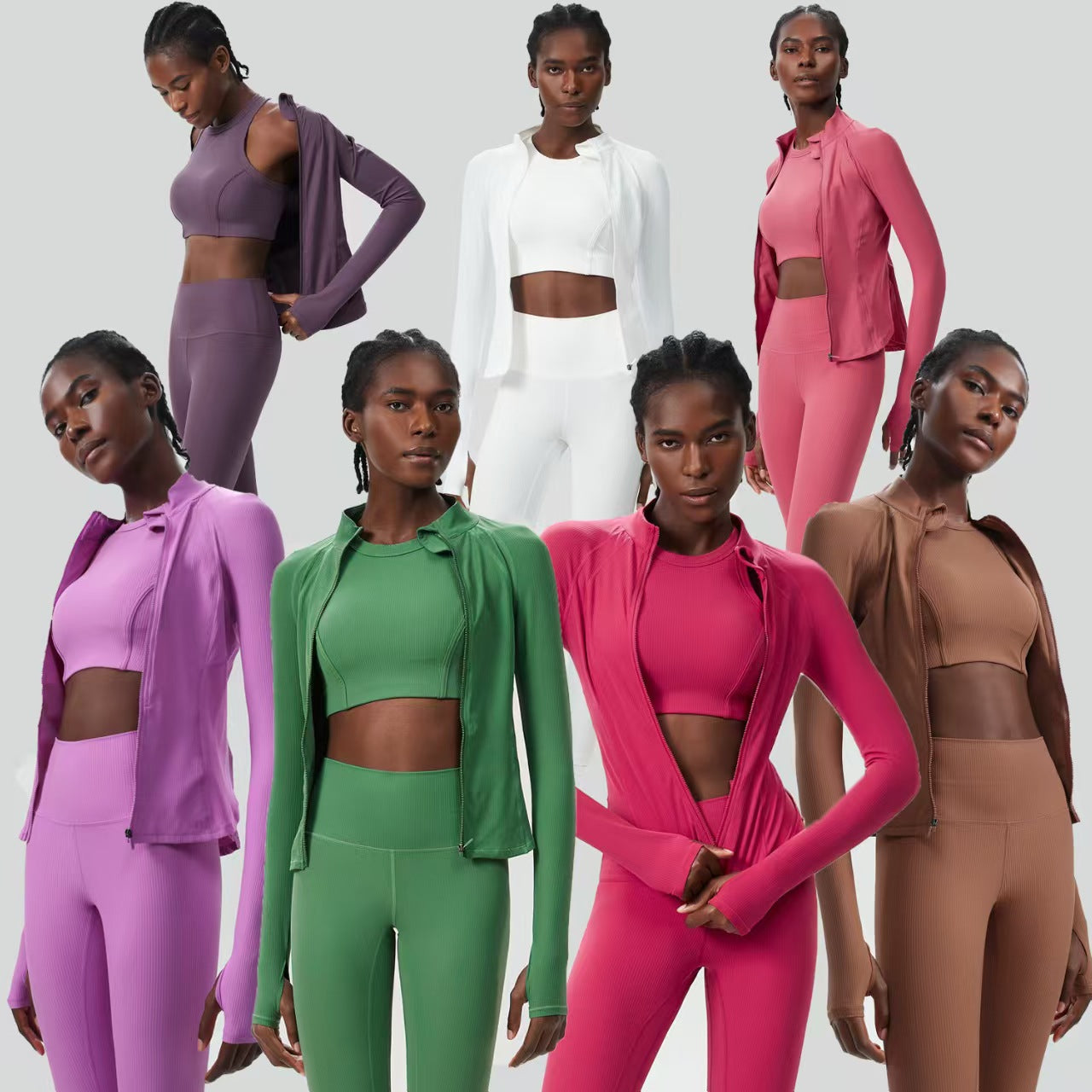 Custom Ribbed 3-Piece Activewear Collection – Cropped Jacket, Sports Top & High-Waisted Leggings | Private Label OEM