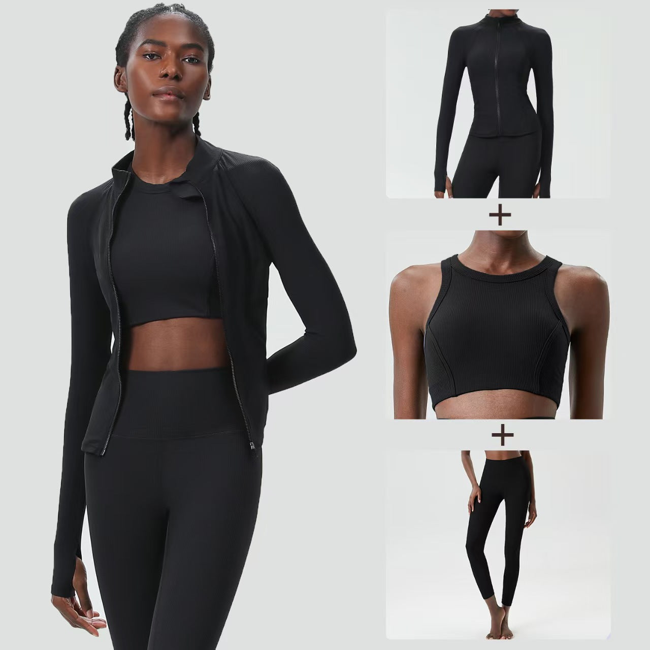 Custom Ribbed 3-Piece Activewear Collection – Cropped Jacket, Sports Top & High-Waisted Leggings | Private Label OEM